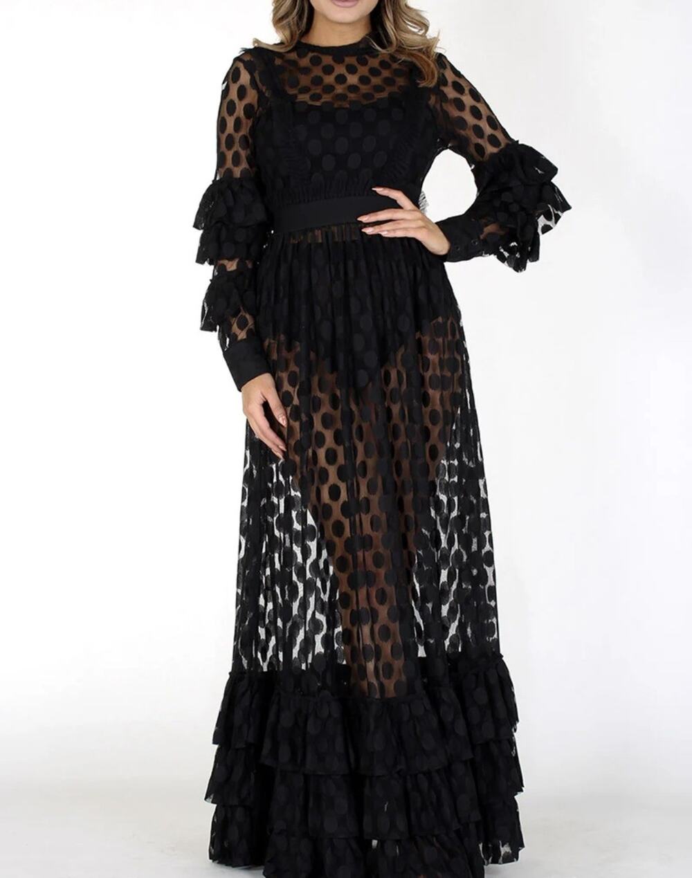 Eien Plus Sheer Polka Dot Maxi Dress with Banded Waist Flare Ruffle Hemline 1xl
